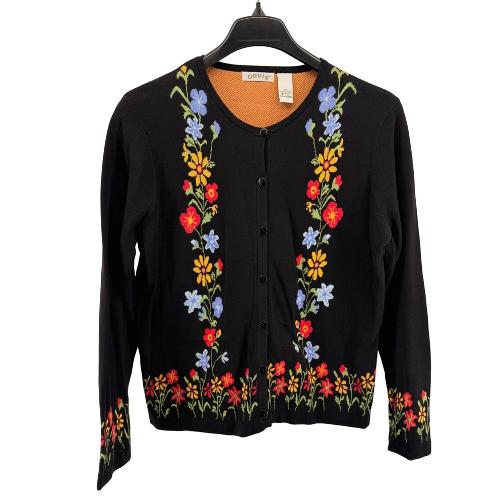 Orvis Floral Cardigan Womens Medium Pre-Owned Sweater Black Cotton Button Knit